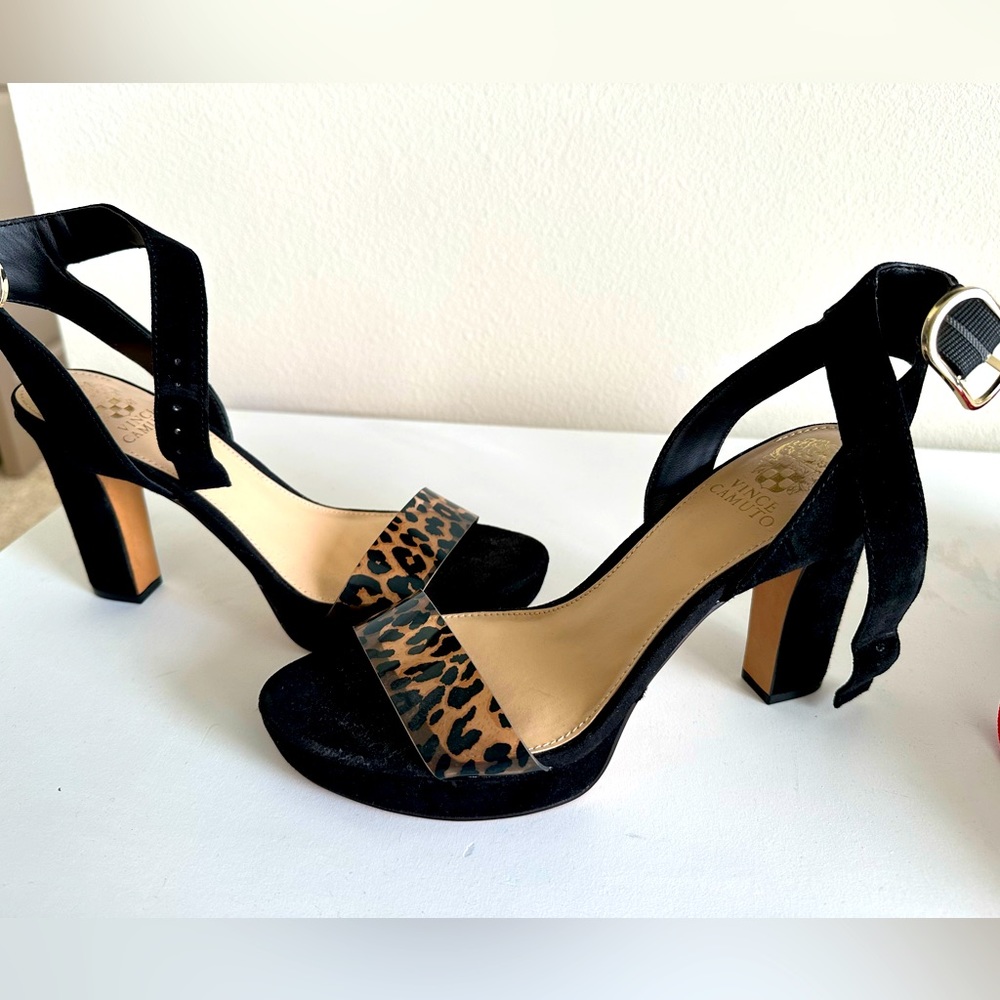 Vince Camuto Black suede with cheetah strap heels